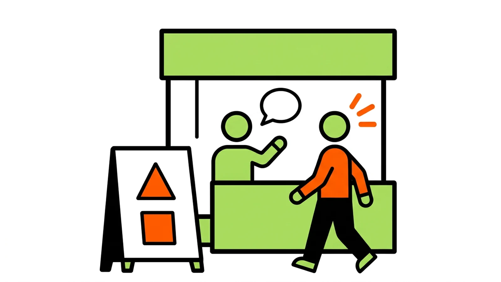 通路の来場者に声をかけるスタッフのイラスト