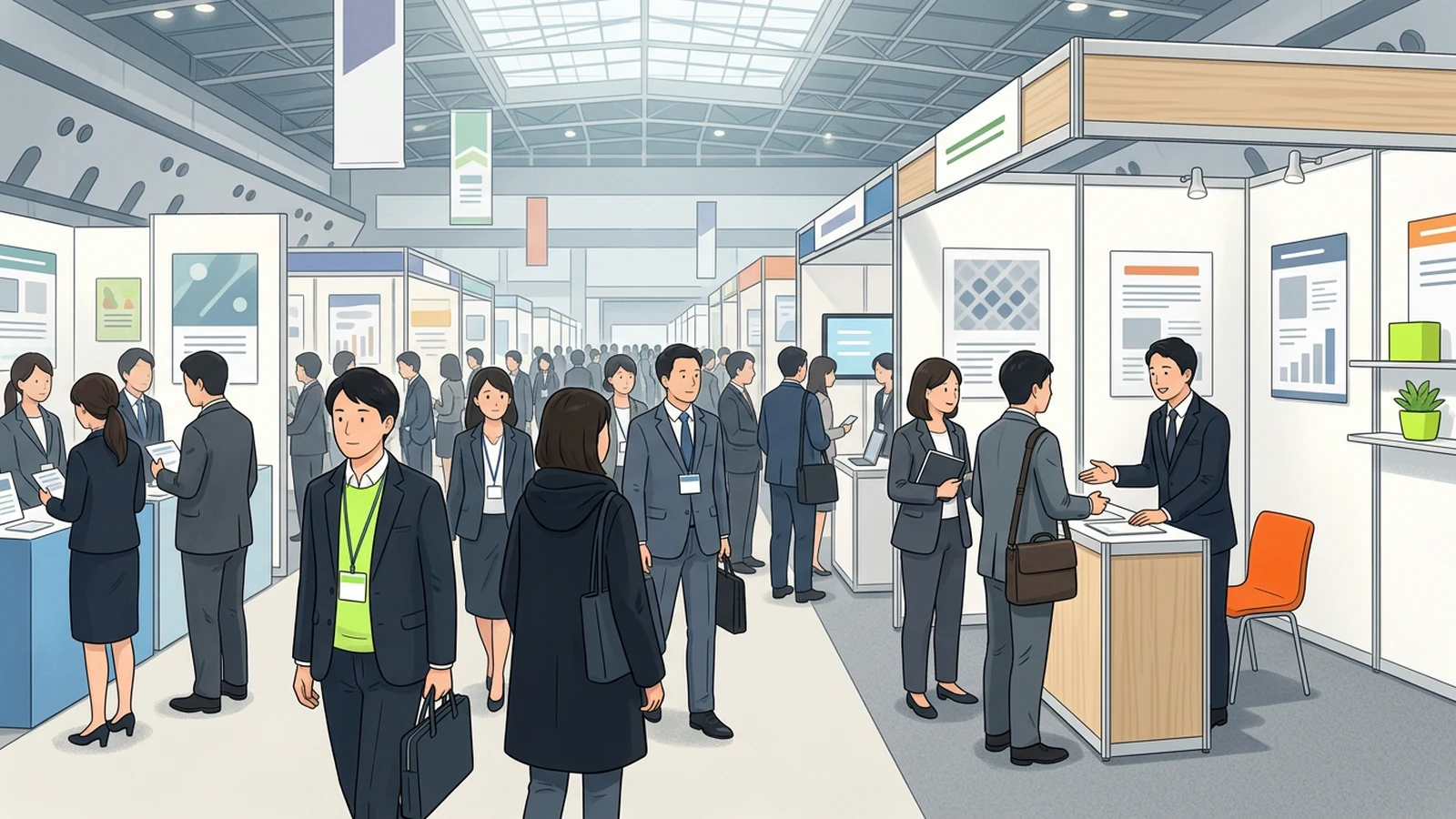 展示会の通路とブースで来場者を迎えるスタッフのイラスト