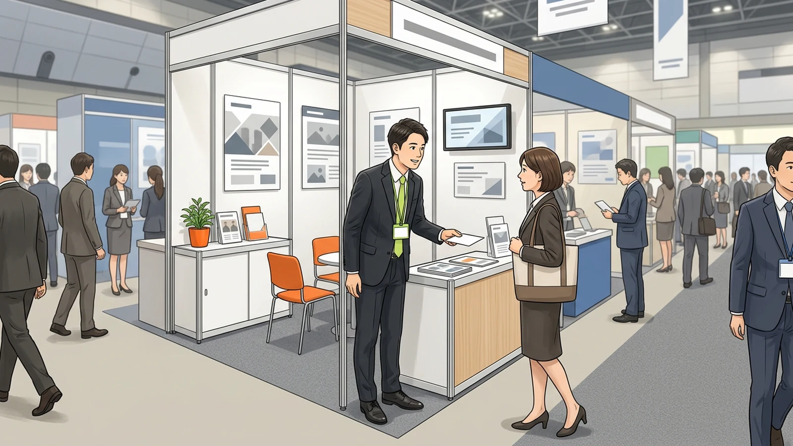 ブースの前で来場者に資料を渡すスタッフのイラスト