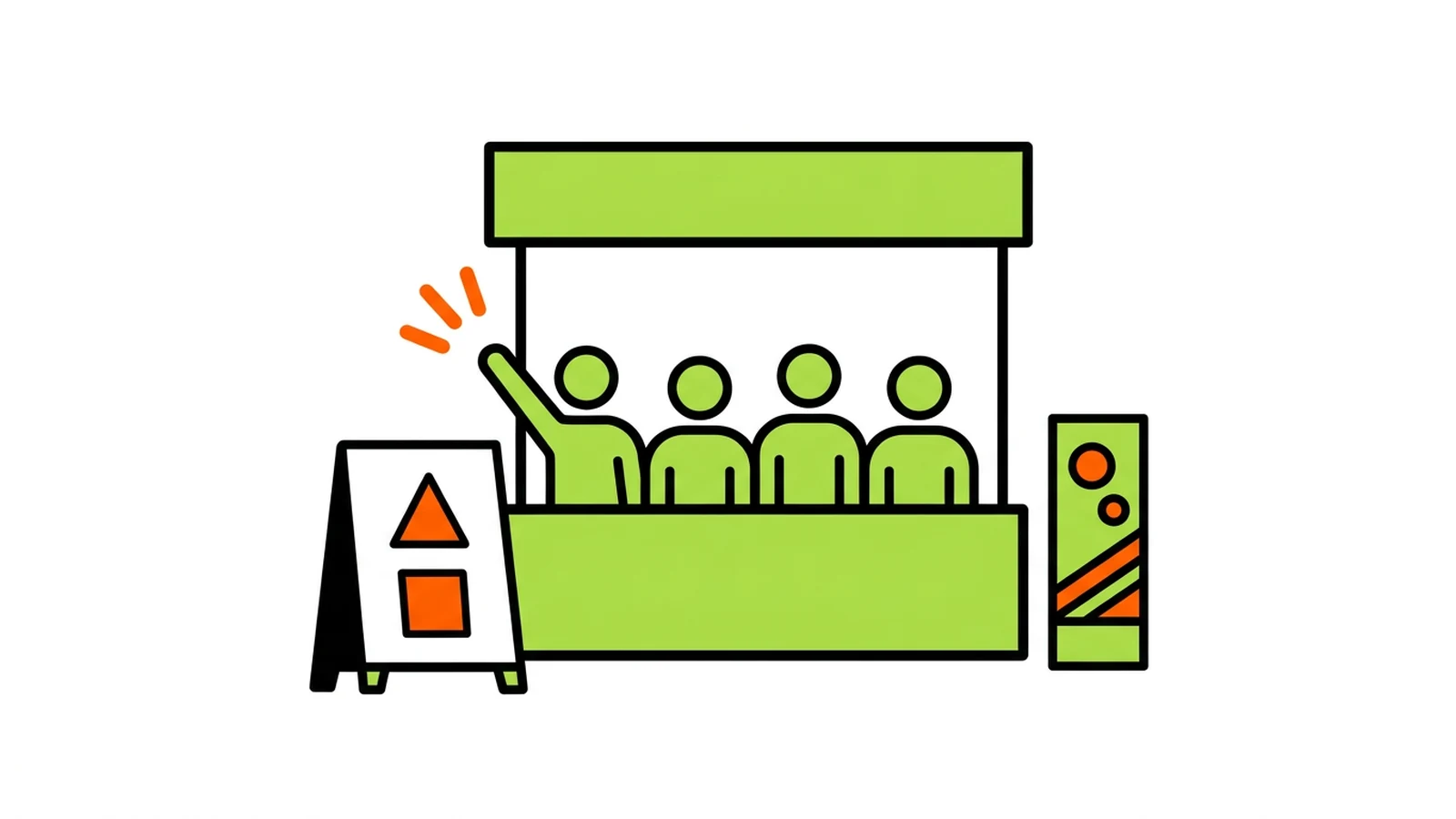 チームで展示会に臨むキャストのイラスト