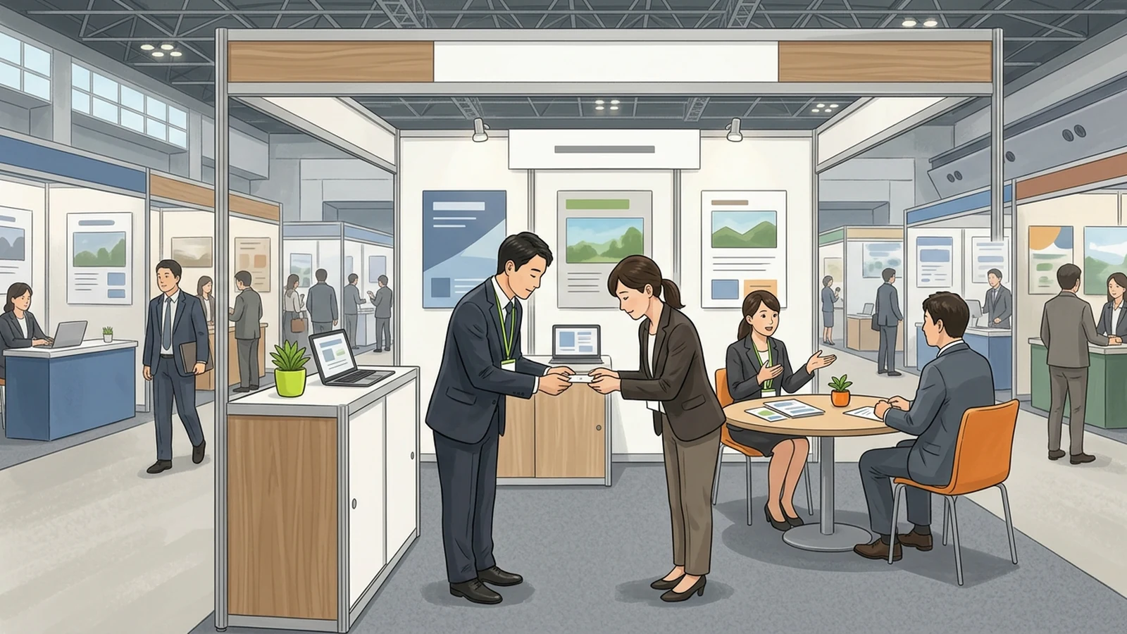 名刺交換と商談テーブルがあるブースのイラスト