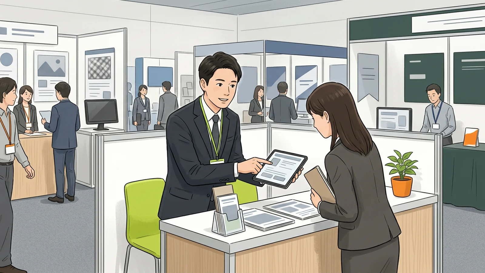 タブレットで来場者に説明するキャストのイラスト