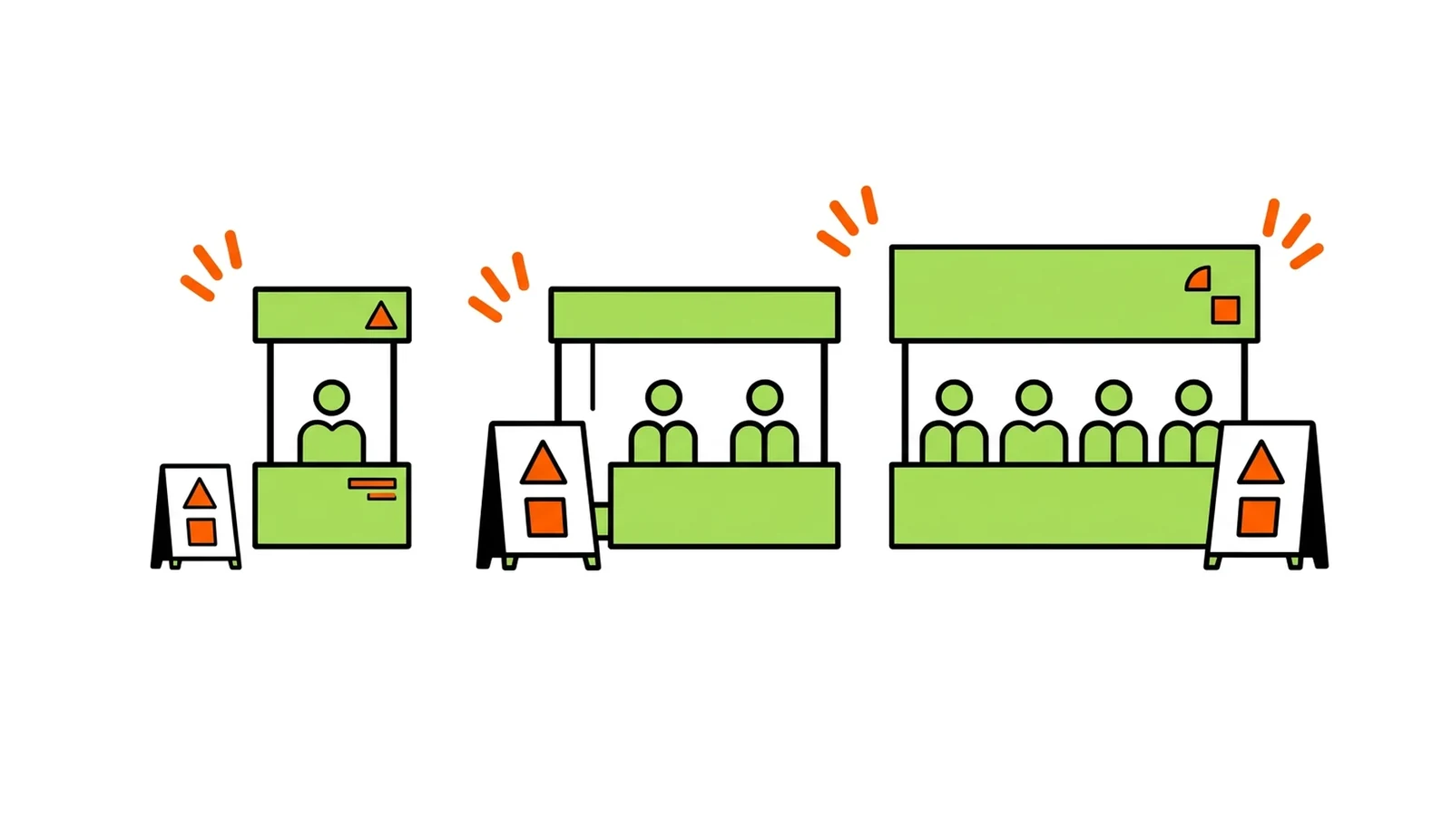 大小のブースと配置されたスタッフのイラスト