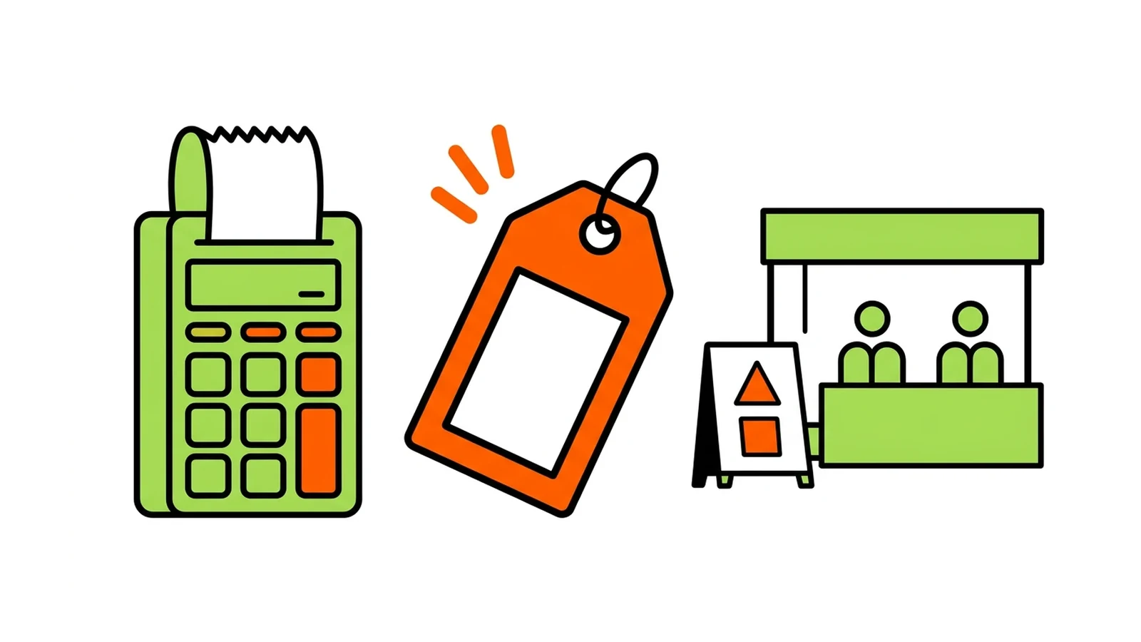 電卓と値札、展示会ブースのイラスト