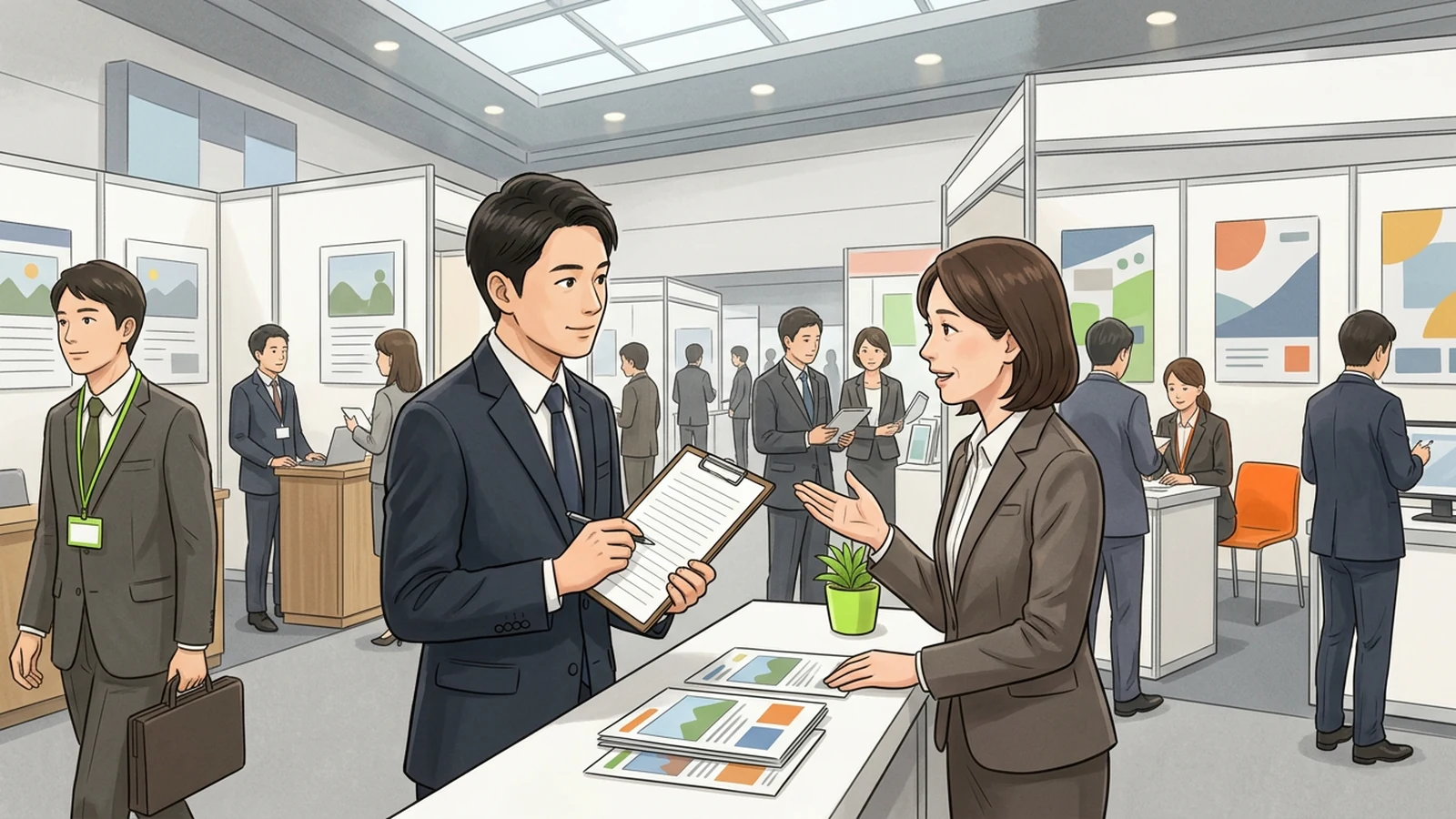 クリップボードを手に来場者の話を聞くスタッフのイラスト