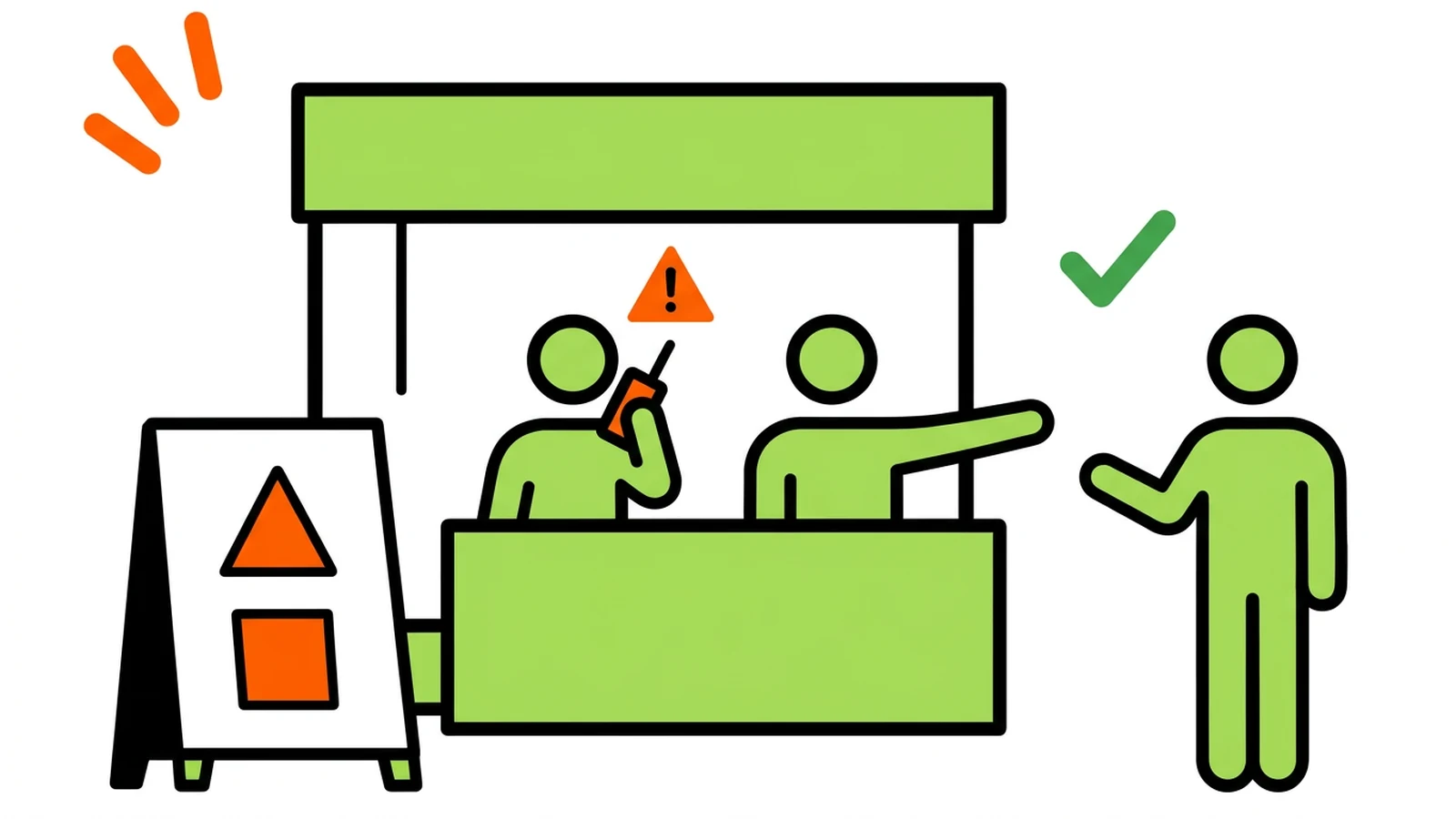 トラブルに連携して対応するスタッフのイラスト