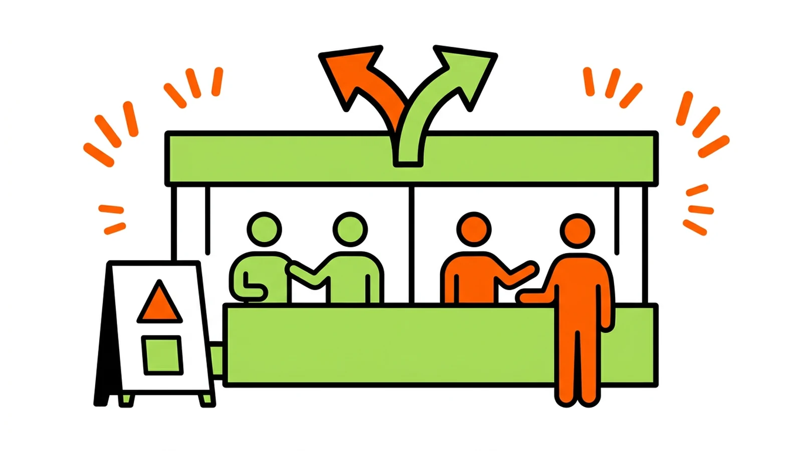 社員と外部スタッフが並ぶブースのイラスト