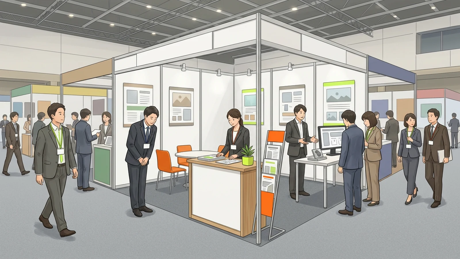 受付・通路・デモ台にスタッフを配置したブースのイラスト