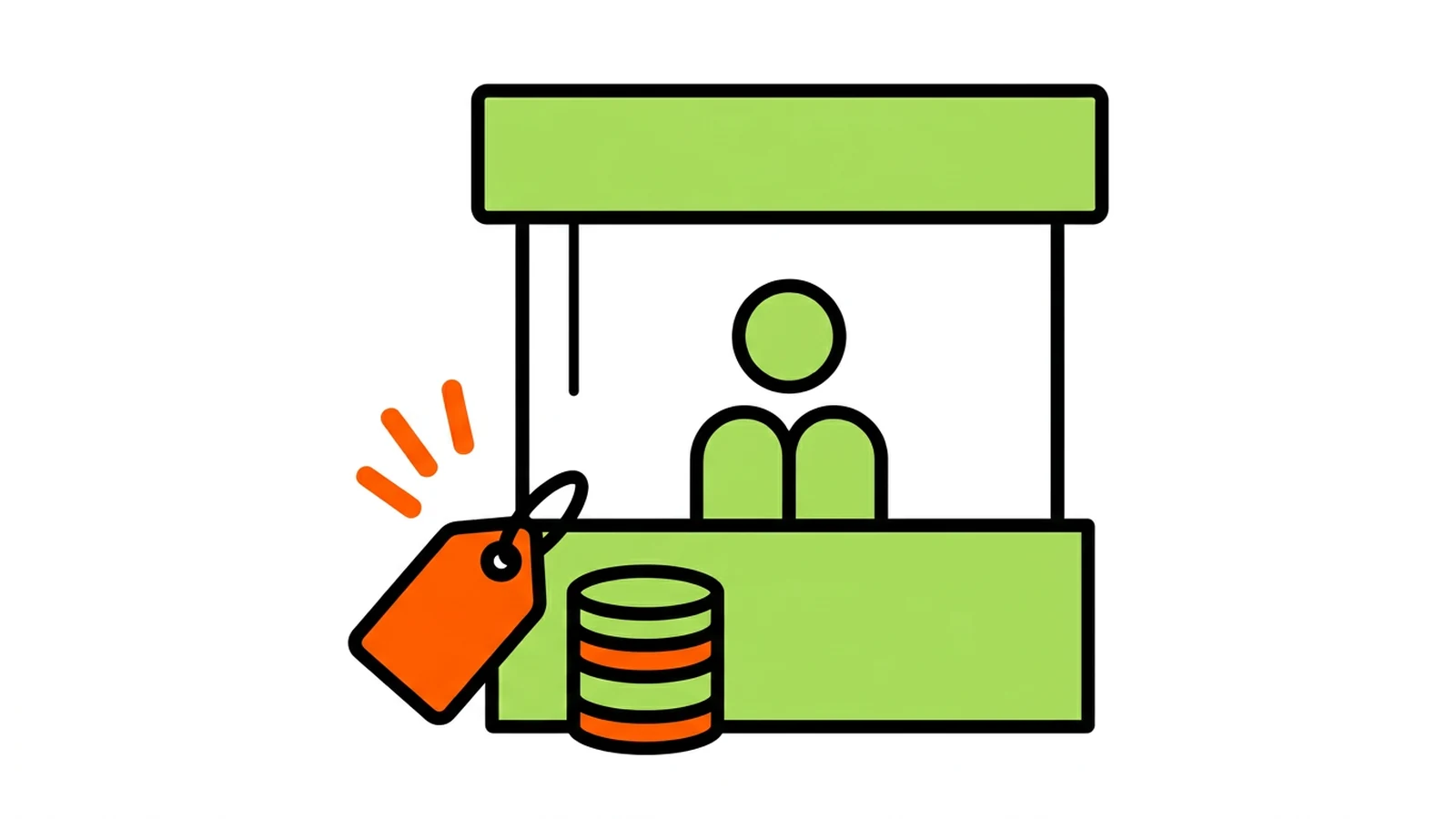 コインと値札、ブースのスタッフのイラスト